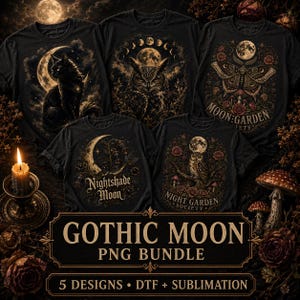 May include: Five black t-shirts featuring graphic prints of a cat, an owl, a moth, and moon-themed botanical designs. The prints include text such as Nightshade Moon and Night Garden Society. The image includes a candle and mushrooms.