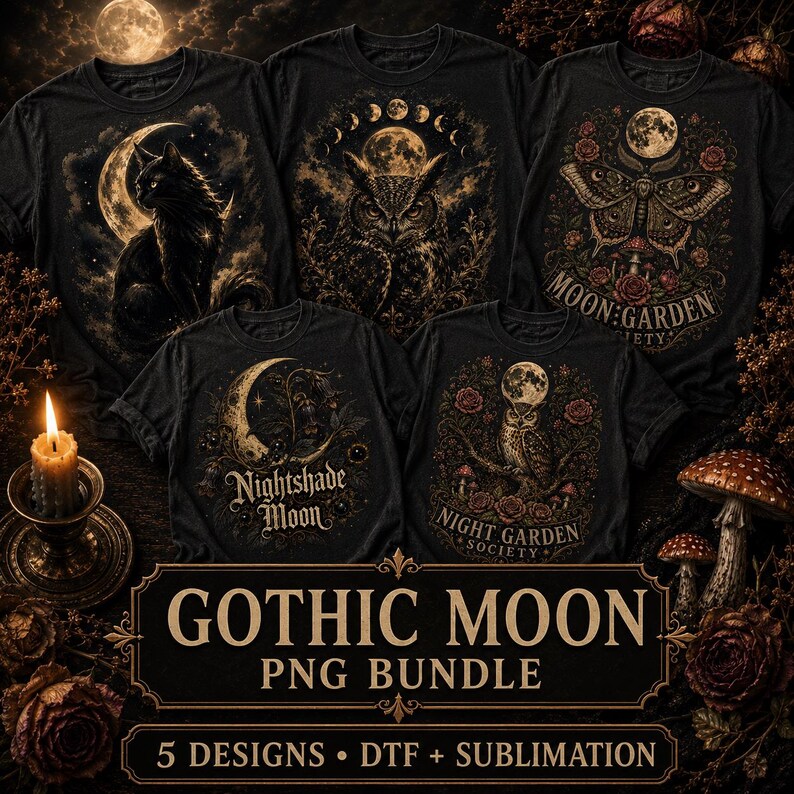 May include: Five black t-shirts featuring graphic prints of a cat, an owl, a moth, and moon-themed botanical designs. The prints include text such as Nightshade Moon and Night Garden Society. The image includes a candle and mushrooms.