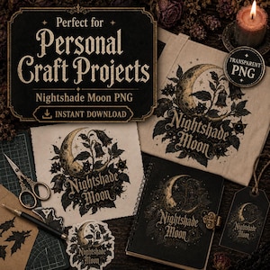 May include: A digital graphic design set featuring a crescent moon surrounded by nightshade flowers and the text Nightshade Moon. The collection includes various printed applications on paper, a notebook, and a tag, alongside scissors and a pen.