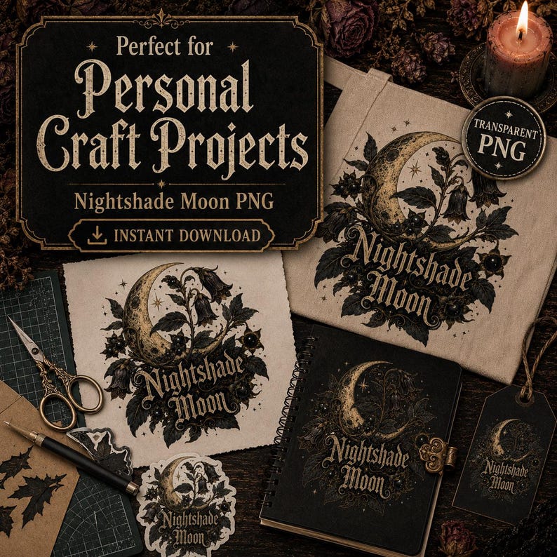 May include: A digital graphic design set featuring a crescent moon surrounded by nightshade flowers and the text Nightshade Moon. The collection includes various printed applications on paper, a notebook, and a tag, alongside scissors and a pen.