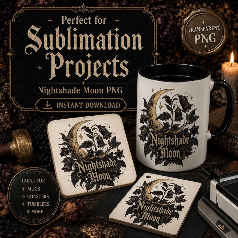 May include: A white ceramic mug with a black handle and two square coasters, each featuring a graphic of a crescent moon surrounded by dark nightshade flowers and the text Nightshade Moon. The design is displayed on a dark, textured surface.