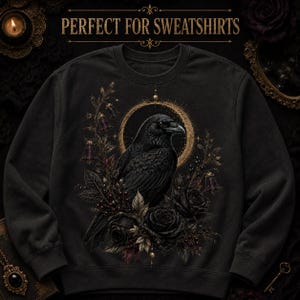 Poison Eclipse Raven graphic printed large on a charcoal sweatshirt for gothic and dark botanical apparel projects.