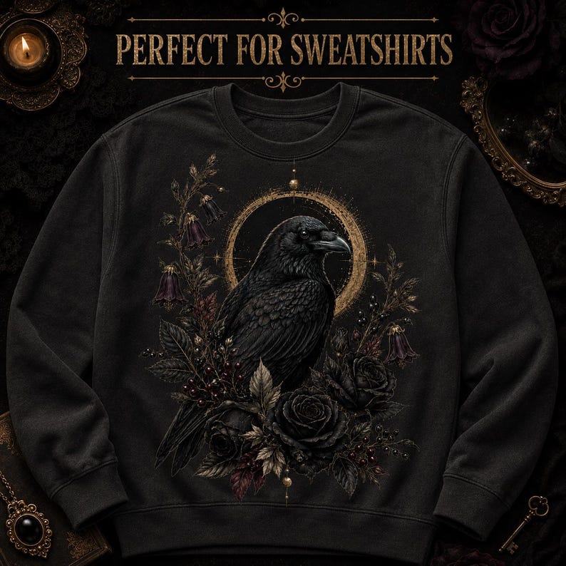 Poison Eclipse Raven graphic printed large on a charcoal sweatshirt for gothic and dark botanical apparel projects.
