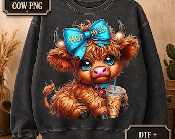 Hot Mess Highland Cow PNG, Funny Blue Bow Cow Shirt Design, DTF Sublimation Download