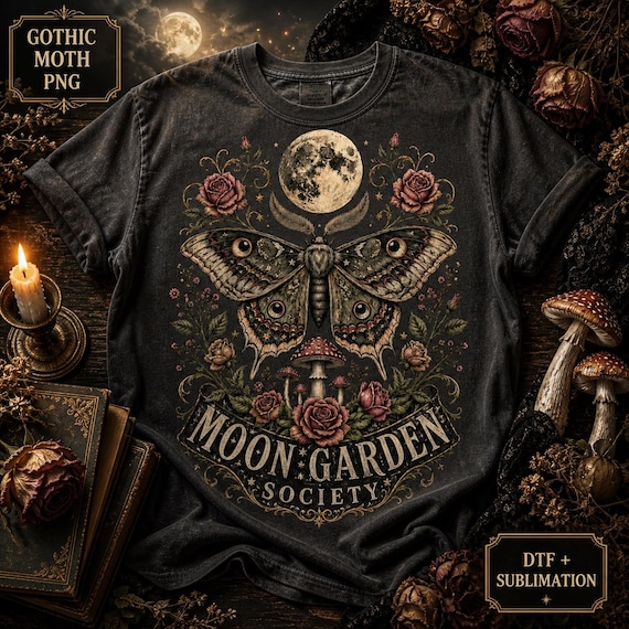 Moth PNG for Gothic Shirts, Celestial Moon Garden Society, Dark Botanical DTF Sublimation Design