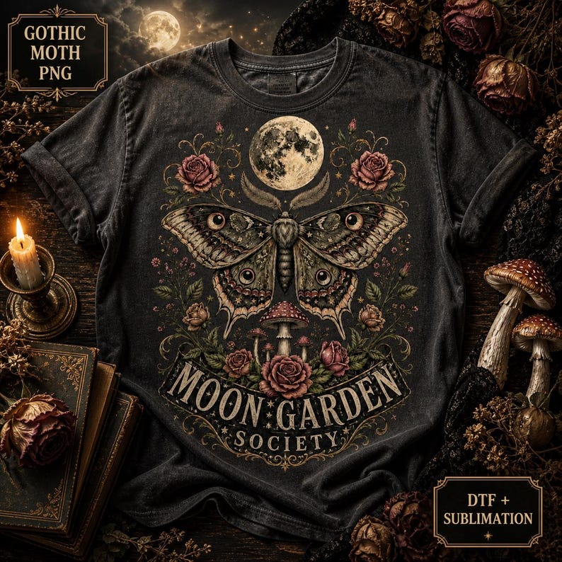 Moon Garden Society PNG t-shirt design with vintage moth, full moon, roses, mushrooms and gothic botanical details for DTF and sublimation projects.