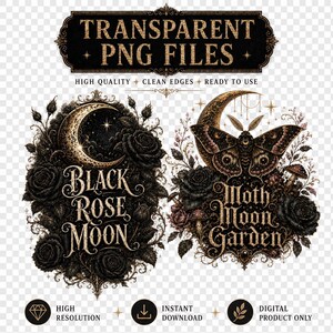 Pode incluir: Dois designs gr&aacute;ficos digitais com texto dourado ornamentado e ilustra&ccedil;&otilde;es. O design da esquerda mostra uma lua crescente rodeada por rosas pretas com o texto Black Rose Moon. O design da direita apresenta uma mariposa, lua crescente e rosas com o texto Moth Moon Garden.