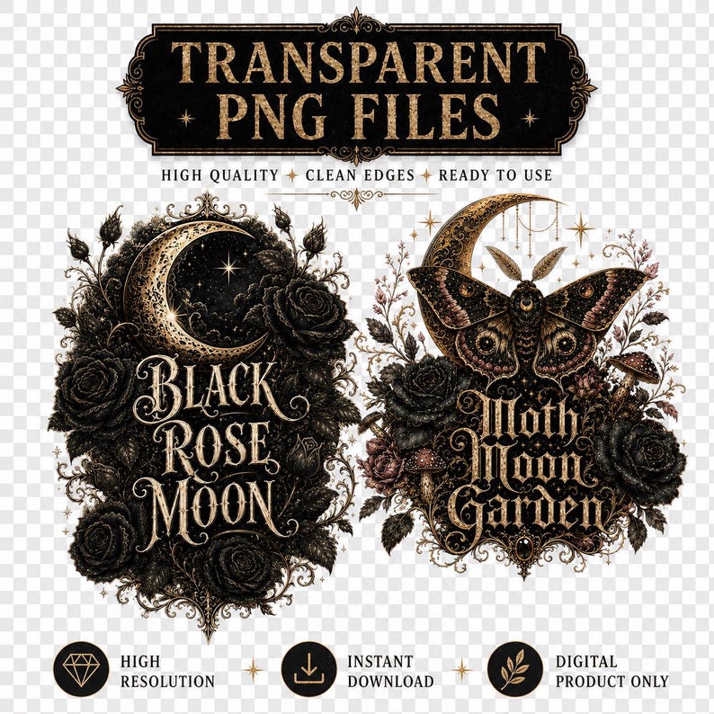 Pode incluir: Dois designs gr&aacute;ficos digitais com texto dourado ornamentado e ilustra&ccedil;&otilde;es. O design da esquerda mostra uma lua crescente rodeada por rosas pretas com o texto Black Rose Moon. O design da direita apresenta uma mariposa, lua crescente e rosas com o texto Moth Moon Garden.