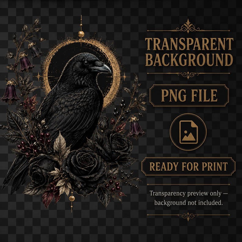 Transparent PNG preview of the gothic raven artwork with 4500 by 5400 pixel and print-ready file information.