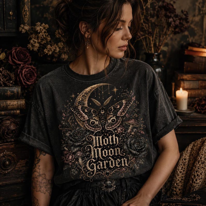 Pode incluir: Uma t-shirt cinza-carv&atilde;o com uma estampa gr&aacute;fica de uma mariposa, uma lua crescente, rosas e cogumelos. O texto "Moth Moon Garden" est&aacute; impresso em uma fonte decorativa abaixo da mariposa. A camisa tem gola redonda e mangas curtas.