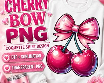 Kirsche (PNG), Design für ein kokettes Shirt mit rosa Schleife, DTF-Sublimationsgrafik