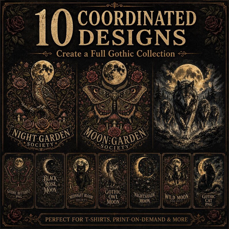 May include: A digital collection of 10 graphic designs featuring dark, ornate illustrations of owls, moths, wolves, cats, and moons. The artwork uses a gold and black color palette with floral accents and text labels like Night Garden Society.