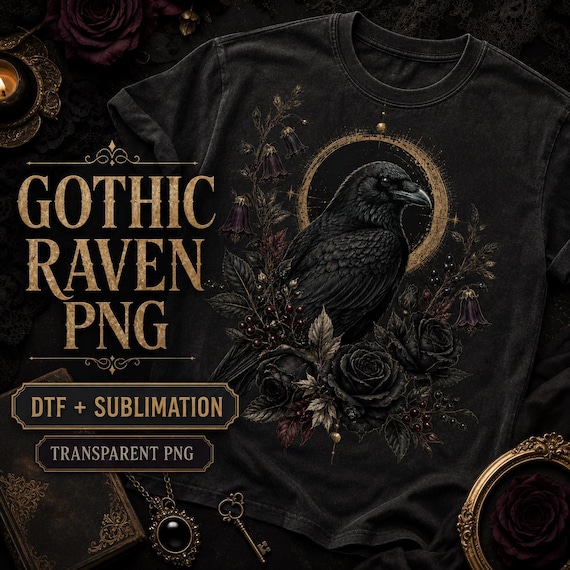 Raven PNG for Gothic Shirts, Crow PNG Dark Floral DTF Design