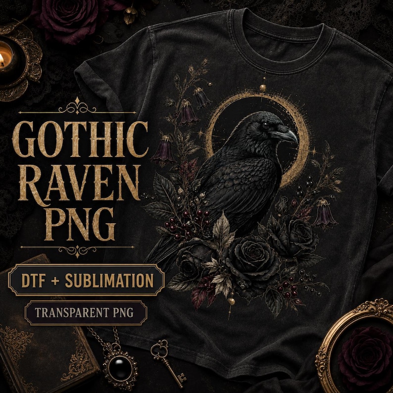 Raven PNG for Gothic Shirts, Crow PNG Dark Floral DTF Design