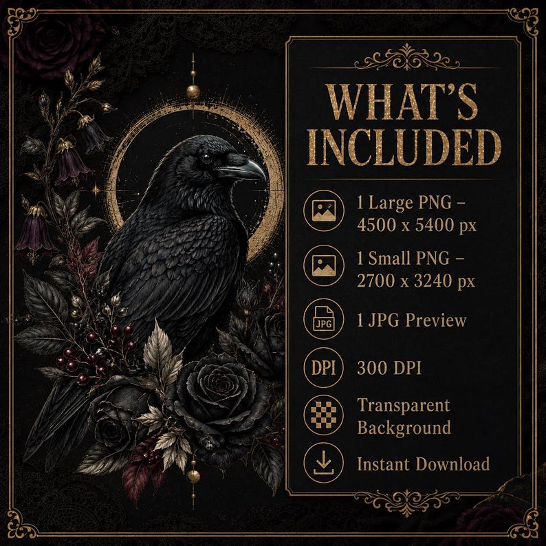 Digital download contents showing large transparent PNG, smaller PNG and JPG preview files at 300 DPI.