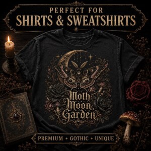 Dark Botanical PNG Bundle, 5 Gothic Rose Moth Moon Shirt Designs, Dark Romance DTF Sublimation Download imagem 5