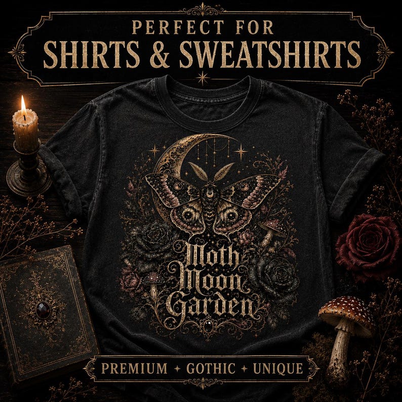 Dark Botanical PNG Bundle, 5 Gothic Rose Moth Moon Shirt Designs, Dark Romance DTF Sublimation Download imagem 5