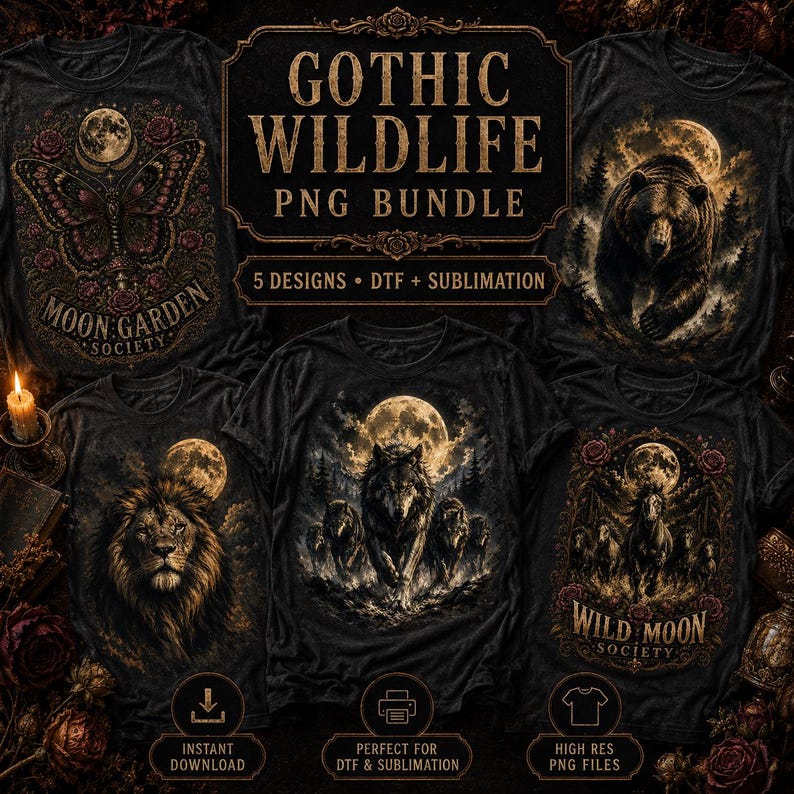 May include: A digital collection of five black t-shirt designs featuring wildlife and moon imagery. The graphics include a butterfly, a bear, a lion, a wolf pack, and a horse, with text reading GOTHIC WILDLIFE PNG BUNDLE and MOON GARDEN SOCIETY.