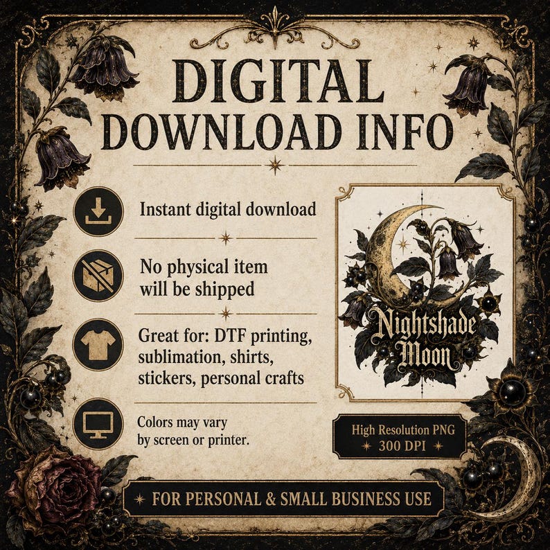 Nightshade Gothic PNG, Witchy DTF Transfer, Dark Academia Shirt Design, Moon Sublimation Graphic image 20