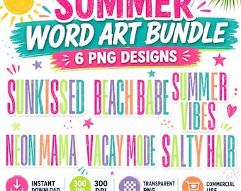 Summer Word Art Bundle PNG, 6 Summer Shirt Designs, Beach Vacation PNG Bundle, Retro Summer Sublimation, Vacation Clipart Pack