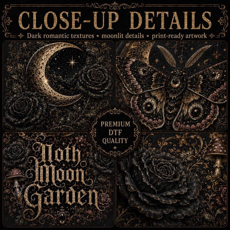 Pode incluir: Uma folha gr&aacute;fica digital intitulada CLOSE-UP DETAILS com ilustra&ccedil;&otilde;es escuras e ornamentadas de uma lua crescente, rosas, uma mariposa e cogumelos. O texto diz Moth Moon Garden e PREMIUM DTF QUALITY em letras douradas sobre fundo preto.