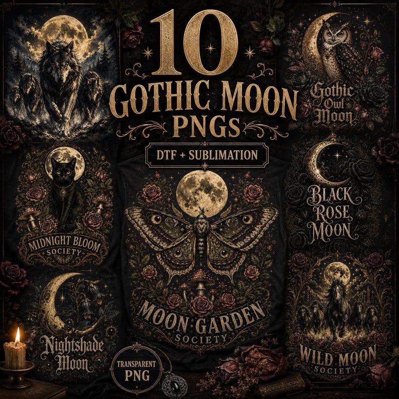 Pode incluir: Uma cole&ccedil;&atilde;o digital de 10 arquivos PNG Gothic Moon para impress&atilde;o DTF e sublima&ccedil;&atilde;o. Os gr&aacute;ficos apresentam ilustra&ccedil;&otilde;es escuras e ornamentadas de lobos, corujas, gatos, mariposas e cavalos em fundos enluarados com rosas e texto dourado.