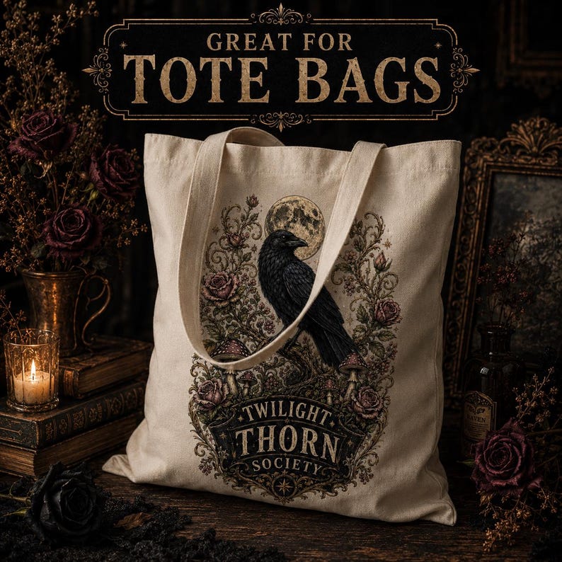 Pode incluir: Uma sacola de lona bege com uma estampa gr&aacute;fica de um corvo preto empoleirado em um galho sob uma lua cheia, cercado por rosas e cogumelos. Abaixo do corvo, uma faixa exibe o texto TWILIGHT THORN SOCIETY em letras escuras.