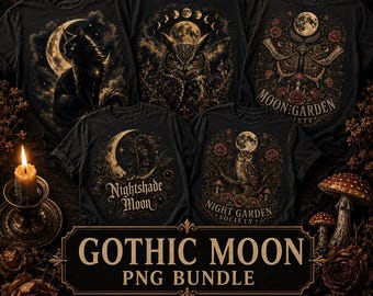 Gothic Shirt PNG Bundle, Witchy Moon DTF Sublimation Designs, Dark Cottagecore PNGs, Gothic Transfers, 5 PNGs
