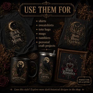 Pode incluir: Uma cole&ccedil;&atilde;o de itens pretos com ilustra&ccedil;&otilde;es bot&acirc;nicas douradas e escuras, incluindo uma t-shirt com 'Black Rose Moon', uma sacola com 'Moth Moon Garden', uma caneca com 'Midnight Bloom Society', um copo com 'Twilight Thorn Society' e uma impress&atilde;o emoldurada com 'Dark Romance'.