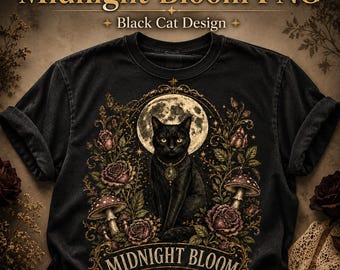 Midnight Bloom Society PNG Shirt Design, Gothic Black Cat Moon Transparent PNG, Witchy Botanical DTF Sublimation T-Shirt Graphic