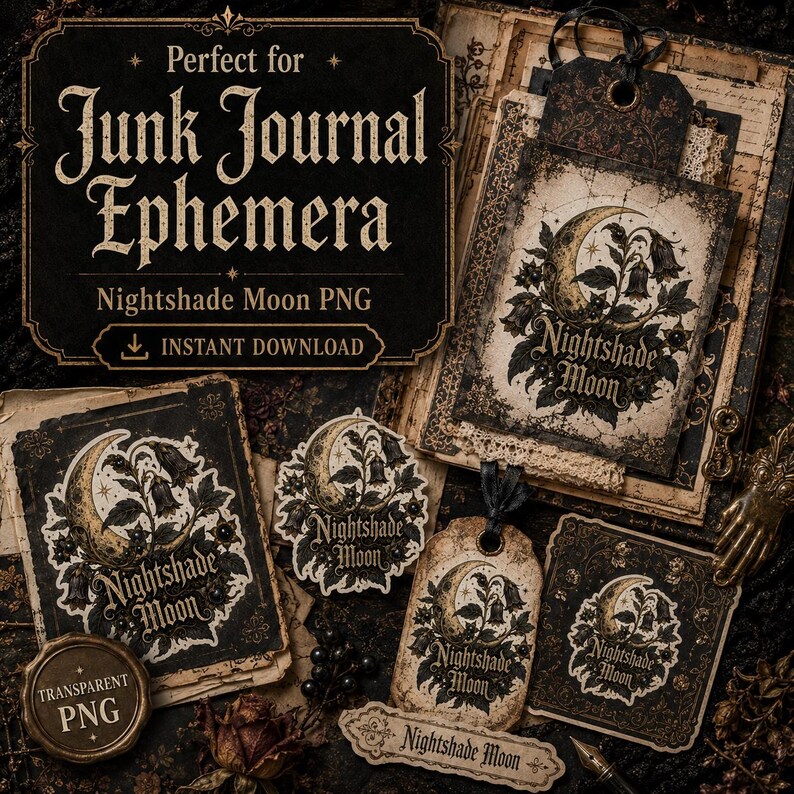 May include: A collection of digital ephemera featuring the text Nightshade Moon, showcasing crescent moon and floral illustrations in black, cream, and gold tones. The set includes rectangular cards, circular labels, and tags with ornate borders.