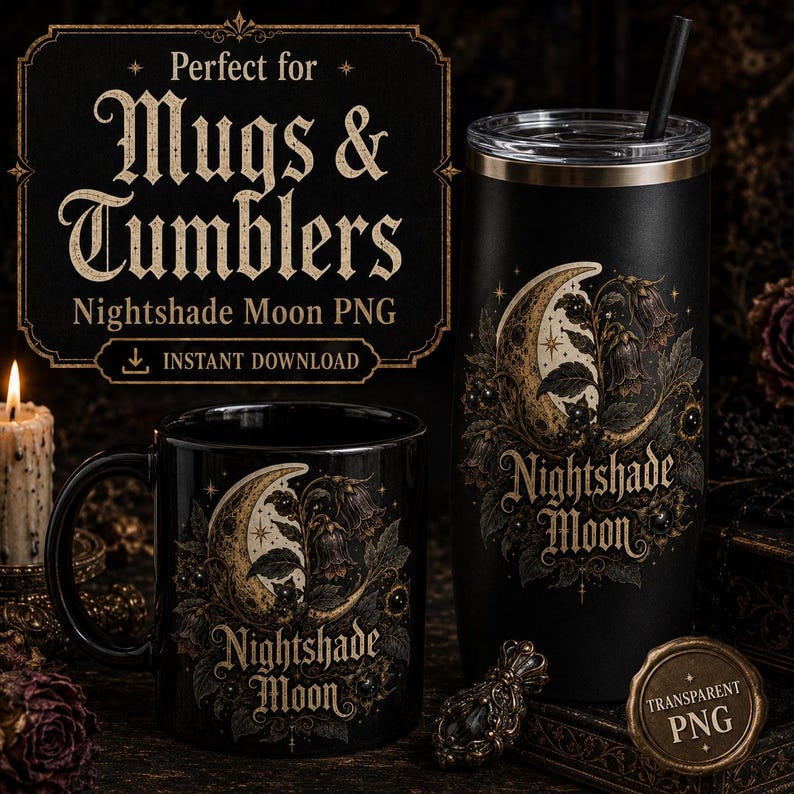 May include: A black ceramic mug and a black stainless steel tumbler, both featuring a gold and dark-toned graphic of a crescent moon surrounded by nightshade flowers and the text Nightshade Moon, with a digital download label above.