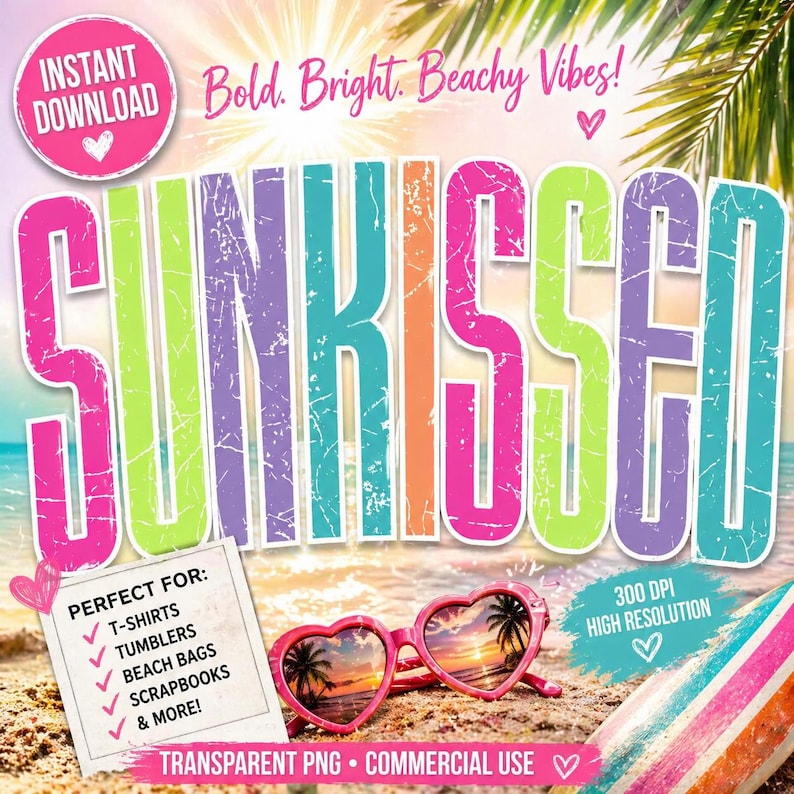 May include: A vibrant digital graphic with the word "SUNKISSED" in large, colorful letters. The image includes heart-shaped sunglasses, a beach scene, and the text "Bold. Bright. Beachy Vibes!" and "INSTANT DOWNLOAD".
