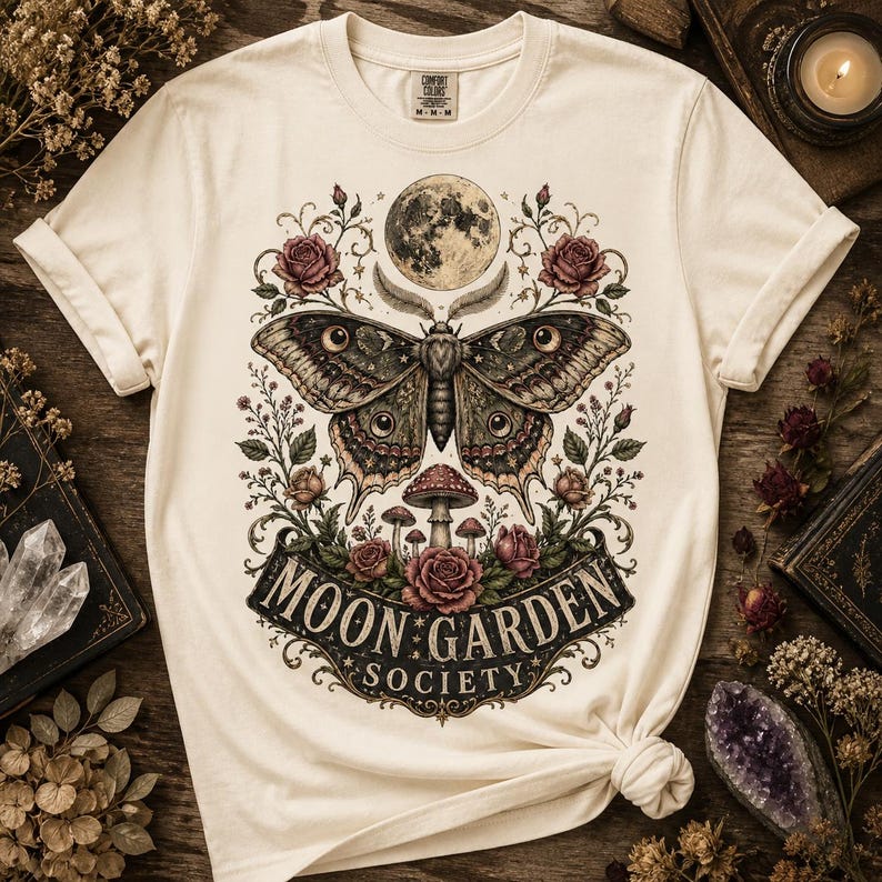 May include: A cream-colored short-sleeve t-shirt featuring a central graphic of a large moth, a full moon, roses, and mushrooms. Below the illustration, the text reads MOON GARDEN SOCIETY in a decorative black banner. The shirt has a crew neckline.