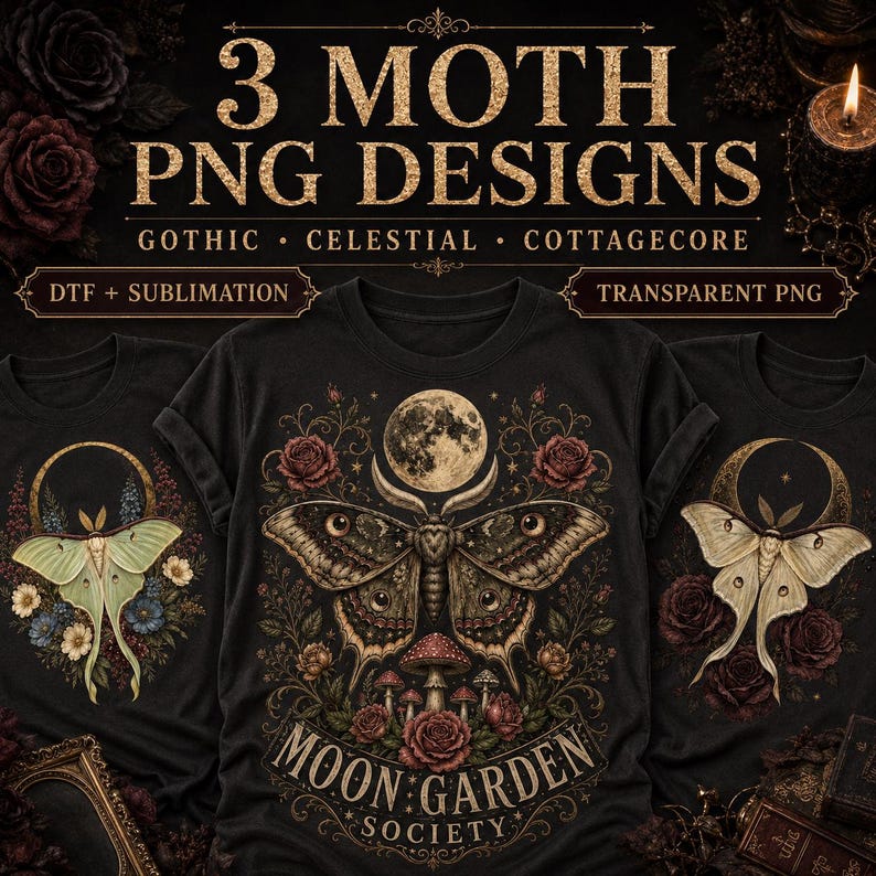 May include: Three black t-shirts featuring moth and floral graphic designs. The center shirt displays a large moth, a full moon, mushrooms, and roses with the text MOON GARDEN SOCIETY. The designs are intended for DTF and sublimation printing.