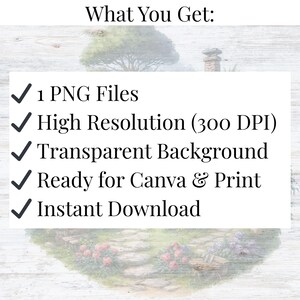 May include: Image with text: "What You Get: 1 PNG Files, High Resolution (300 DPI), Transparent Background, Ready for Canva & Print, Instant Download." The text is in a white rectangle with a light wood grain background.