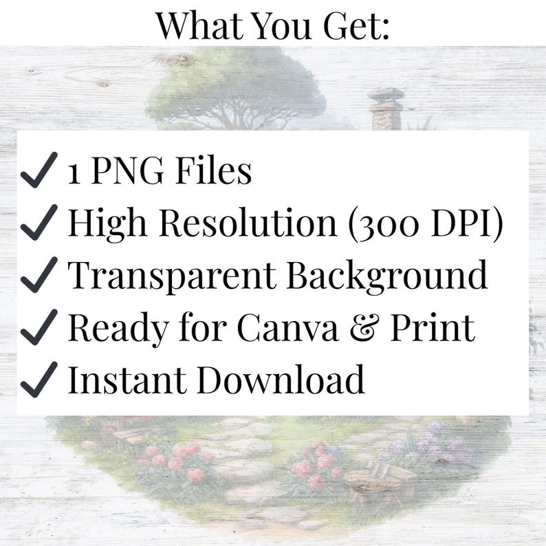 May include: Image with text: "What You Get: 1 PNG Files, High Resolution (300 DPI), Transparent Background, Ready for Canva & Print, Instant Download." The text is in a white rectangle with a light wood grain background.