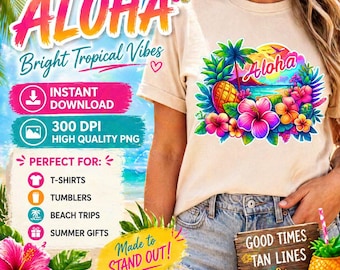 Aloha PNG, Tropical Flowers Sublimation Design, Summer Beach Shirt PNG, Hawaii Clipart, Instant Download