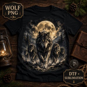 May include: A black t-shirt featuring a graphic print of a pack of wolves running through a forest under a large full moon. The design includes detailed mountain silhouettes and dark trees. The shirt is displayed with a lantern and a leather book.
