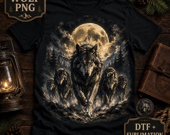 Wolf Pack Moon PNG, Gothic Wolf Sublimation Design, Dark Wildlife Shirt Graphic, Full Moon Wolf Clipart, DTF DTG Download