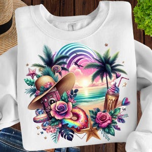 Beach Sunset Png, Sublimation Design, Summer Png, Palm Trees Png, Tropical Flowers Png, Trendy Png, T-Shirt Design, Instant Download DTF