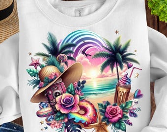 Beach Sunset Png, Sublimation Design, Summer Png, Palm Trees Png, Tropical Flowers Png, Trendy Png, T-Shirt Design, Instant Download DTF