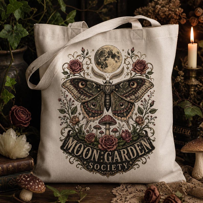 May include: A cream-colored canvas tote bag featuring a central graphic of a large moth, a full moon, roses, and mushrooms. The text "MOON GARDEN SOCIETY" is printed in a decorative font at the bottom of the illustration, framed by floral vines.