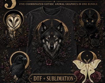 Gothic Animal PNG Bundle, 5 Dark Wildlife Shirt Designs, Witchy Botanical Sublimation, DTF DTG Download