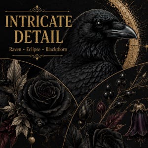 Close-up of the black raven’s eye, detailed feathers, glossy beak, antique gold eclipse and dark poison garden botanicals.