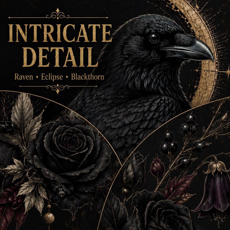 Close-up of the black raven’s eye, detailed feathers, glossy beak, antique gold eclipse and dark poison garden botanicals.