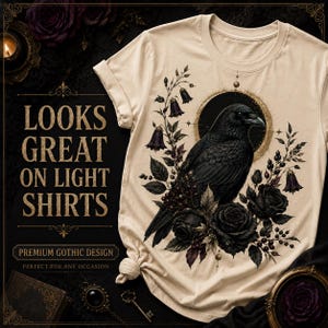 Dark gothic raven PNG displayed on a cream T-shirt to show contrast on a light garment.