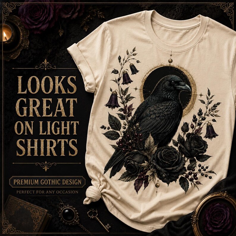 Dark gothic raven PNG displayed on a cream T-shirt to show contrast on a light garment.