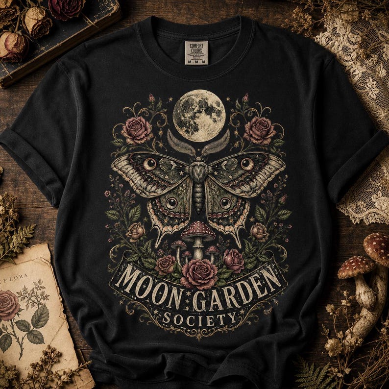 May include: A black t-shirt featuring a graphic print of a large moth centered below a full moon. The design includes surrounding roses, mushrooms, and foliage, with the text "MOON GARDEN SOCIETY" printed in a decorative font at the bottom.