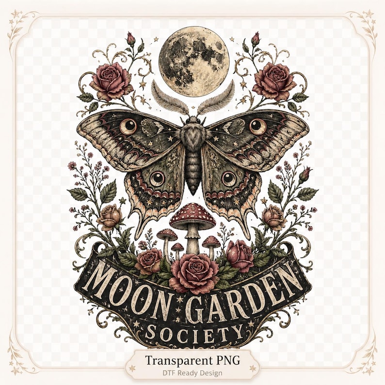 May include: A graphic design featuring a large moth centered below a full moon, surrounded by roses and mushrooms. A black banner at the bottom displays the text MOON GARDEN SOCIETY in a serif font. The illustration uses muted earth tones.